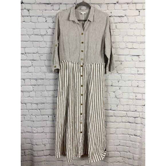 J Jill Linen Stripe Shirtdress Midi Dress Women M Pockets Preppy Beach Lagenlook - Picture 3 of 16